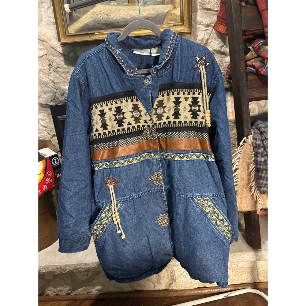 vintage 220 Hickory Denim Jacket Southwest‎ Aztec western Embellished Size 2XL